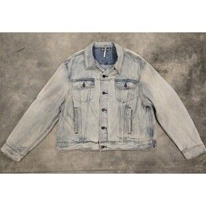 Free People Mixed Media Distressed Blue Denim Jean Jacket Womens Medium Quilt